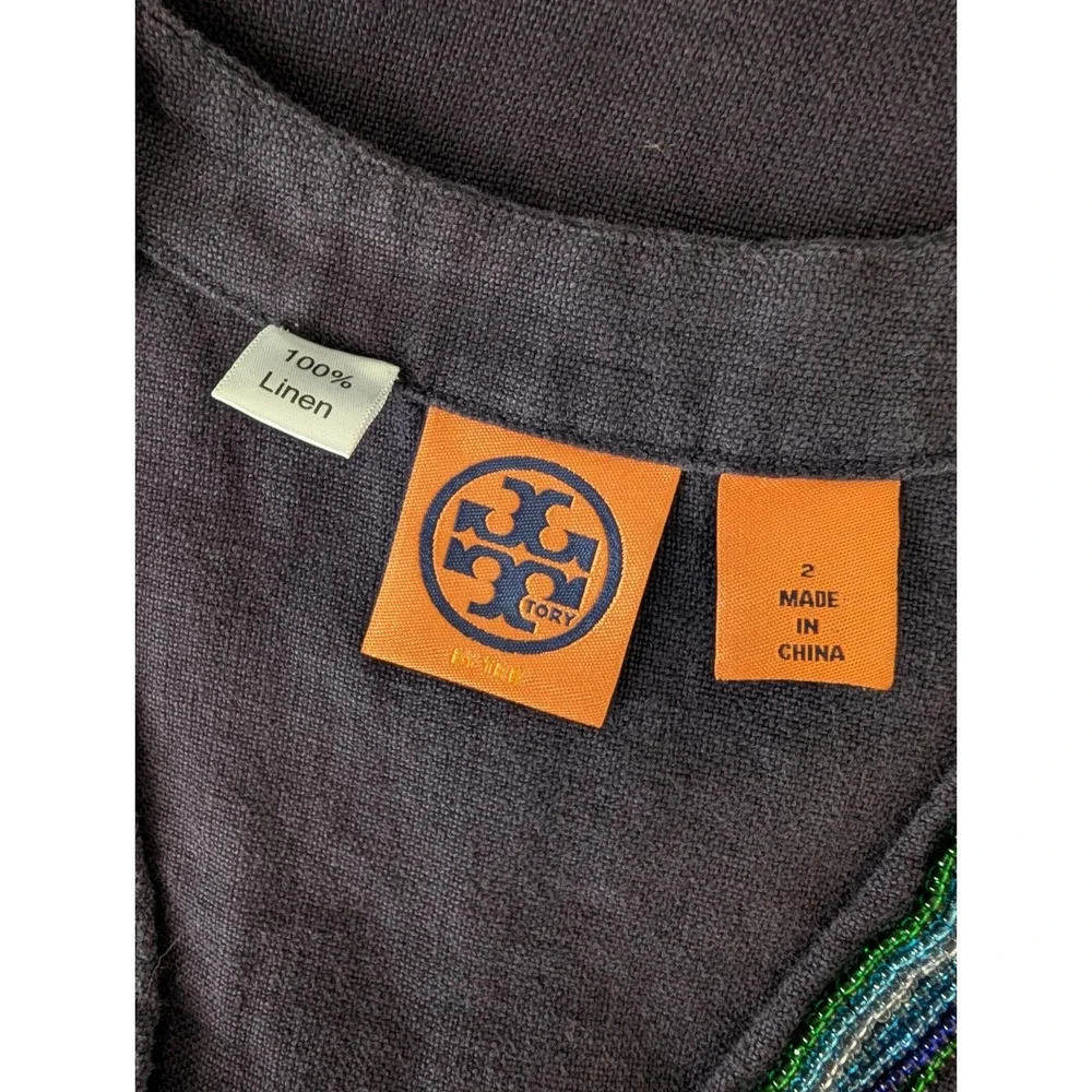 Tory Burch 100% Linen Navy Blue Beaded Fish V Neck Top Size 2 Sleeveless